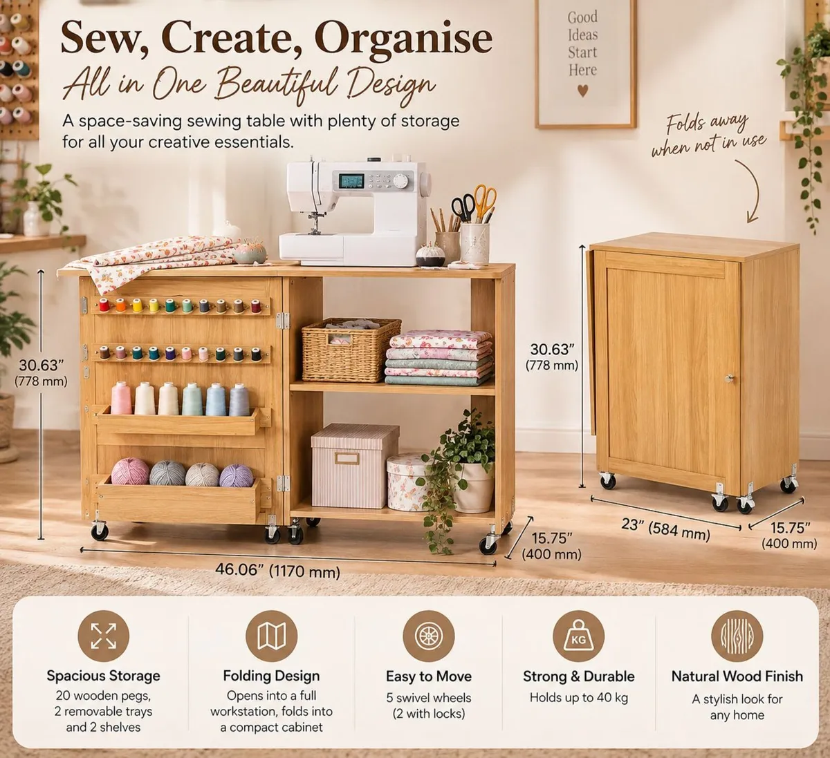 Folding Sewing Machine Table with Storage, 20 Thre - Image 3