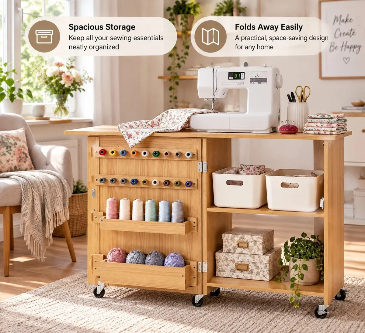 Folding Sewing Machine Table with Storage, 20 Thre - Image 1