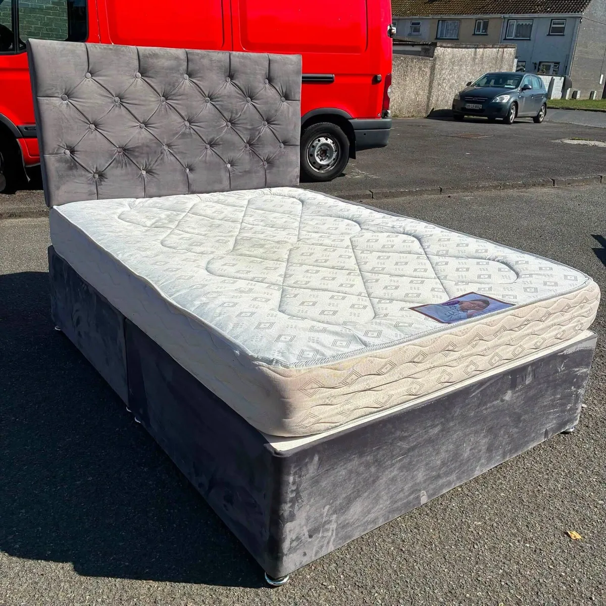 Grey velvet Double bed & Mattress - Image 1
