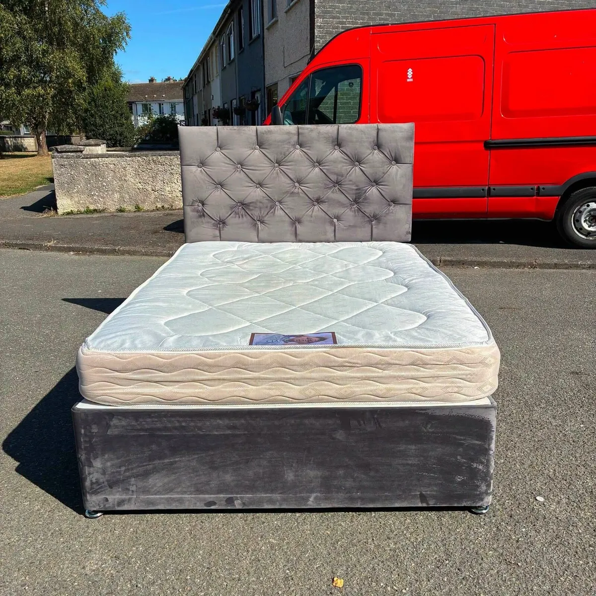 Grey velvet Double bed & Mattress - Image 2