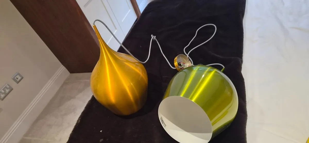 Pair of Searchlight Vibrant Pendant Lights – Gold/ - Image 1