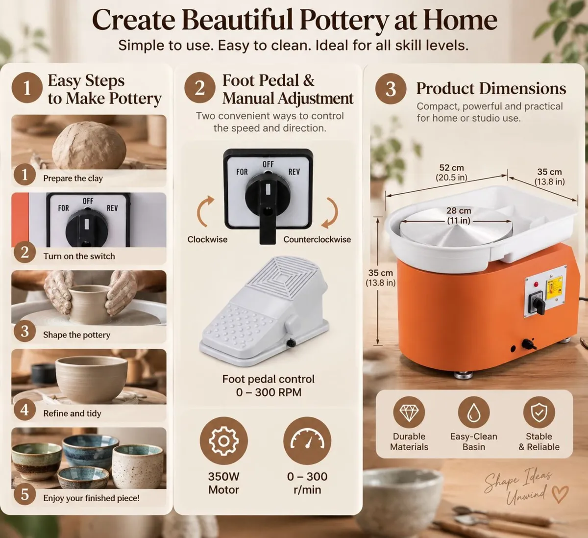 350W Electric Pottery Wheel with Foot Pedal & 16-P - Image 2