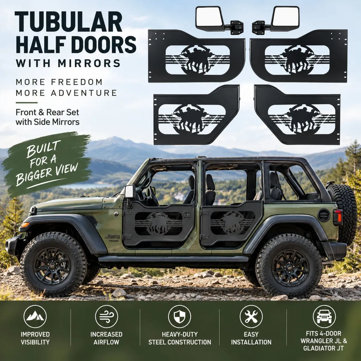 4-Door Tubular Half Doors with Mirrors – Jeep Wran - Image 1