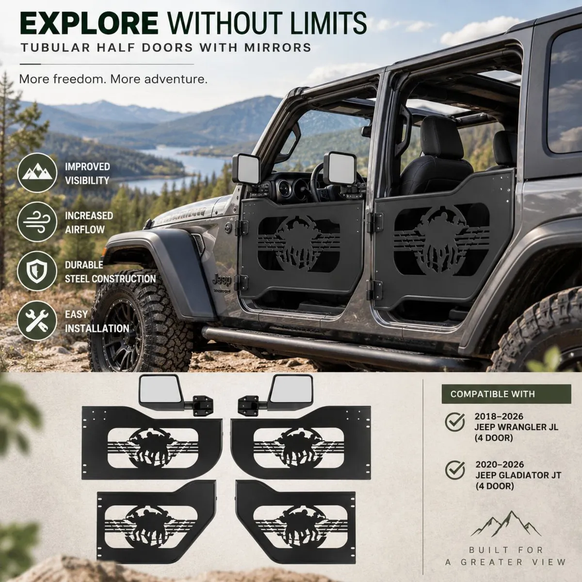 4-Door Tubular Half Doors with Mirrors – Jeep Wran - Image 3