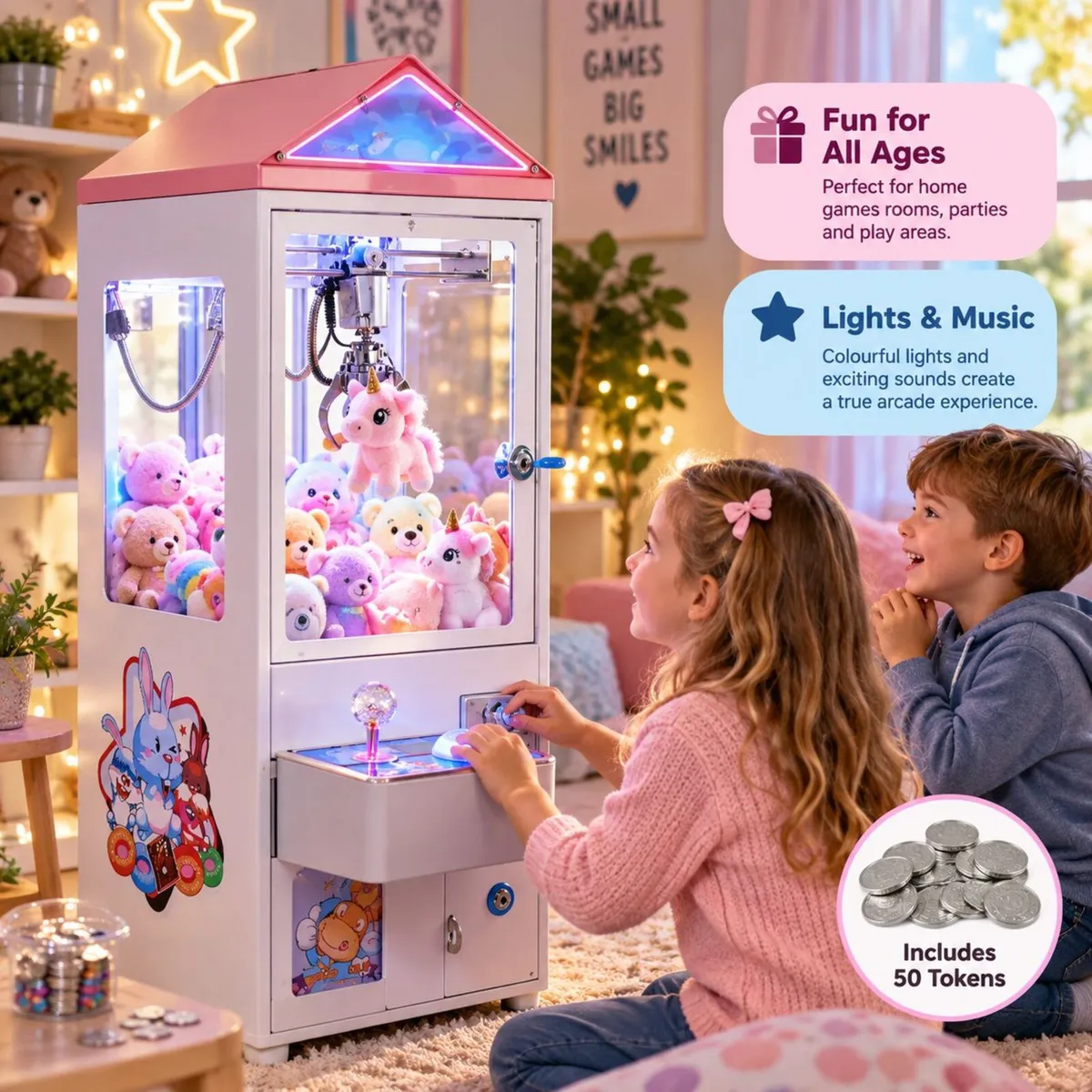 Coin-Operated Claw Machine with Lights, Music & 50 - Image 1