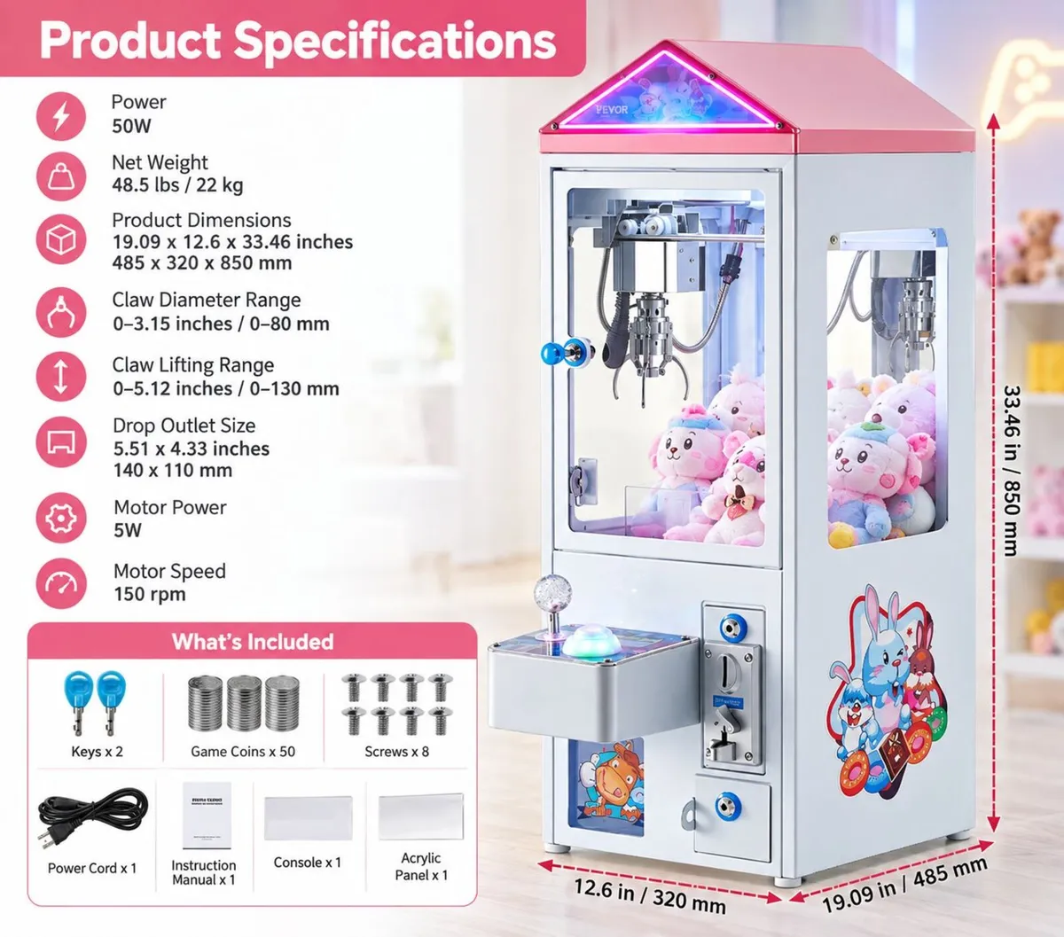 Coin-Operated Claw Machine with Lights, Music & 50 - Image 2