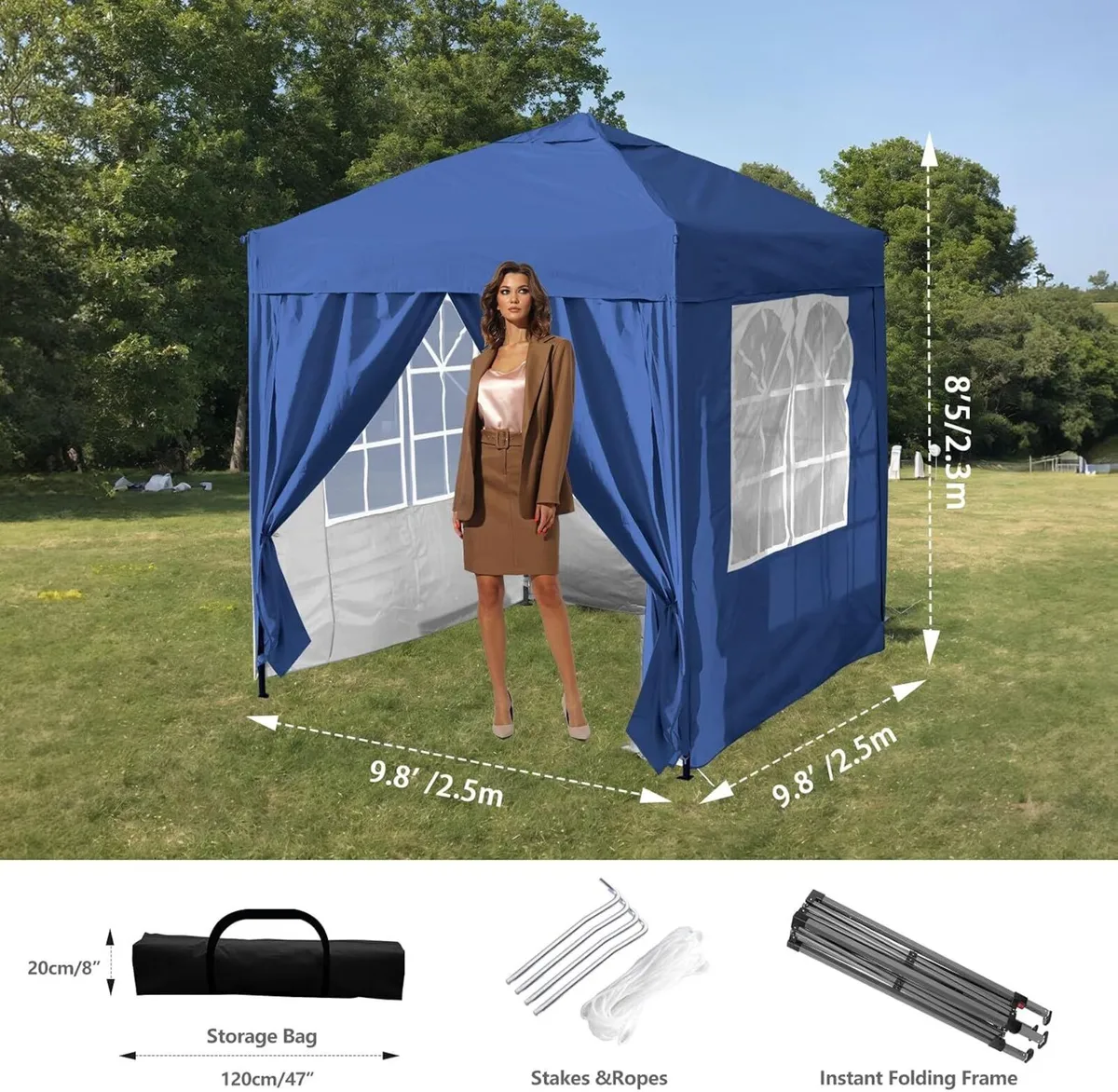 Gazebo 3x3m Pop Up Tent with Sidewalls Blue - Image 3