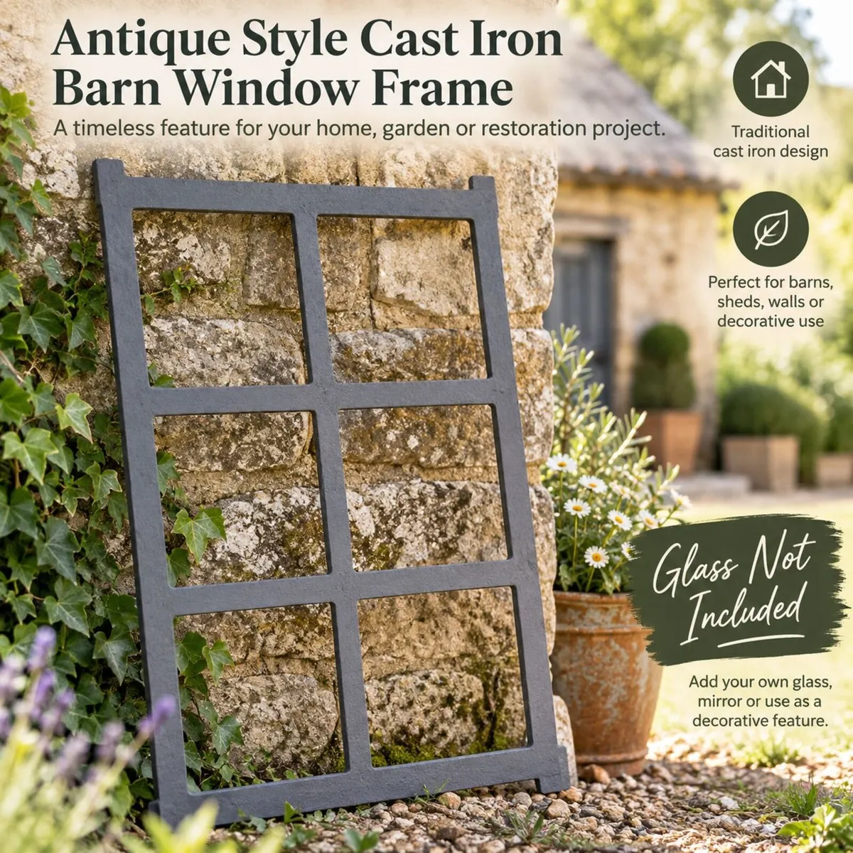 Antique Style Cast Iron Barn Window Frame Grey, - Image 4