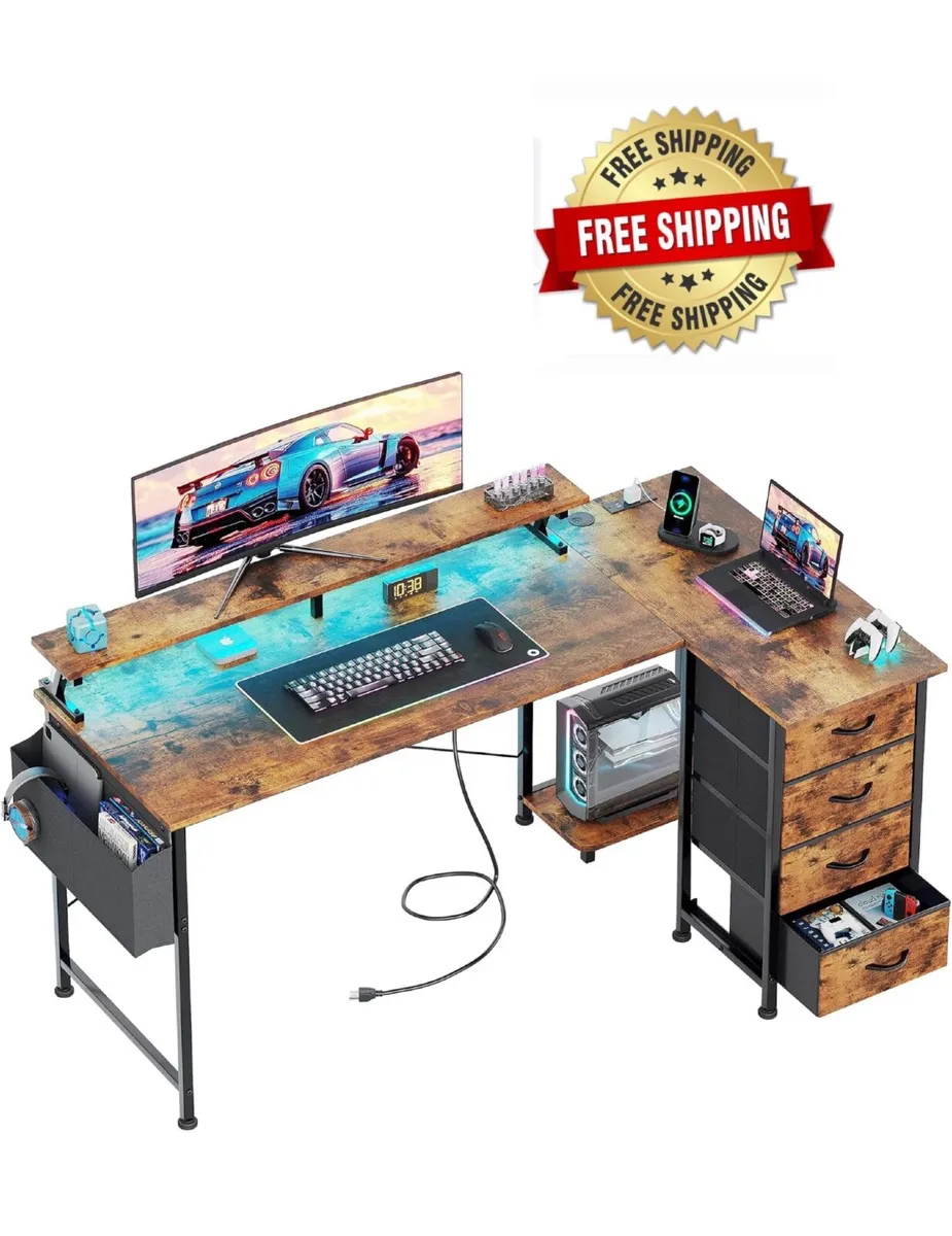 Corner Desk with 4 Drawers, L Shaped Computer Desk - Image 1