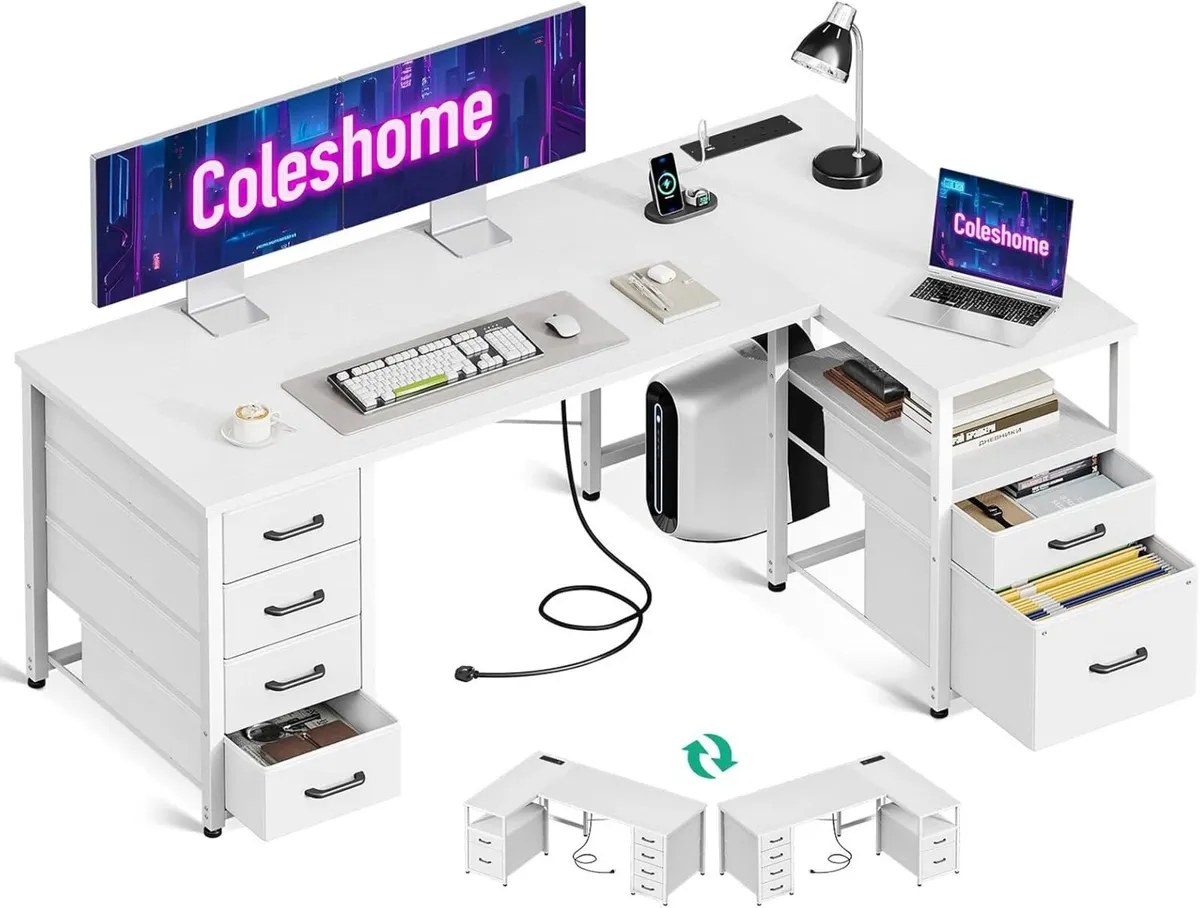 L Shaped Computer Desk with 6 Drawers Power - Image 1