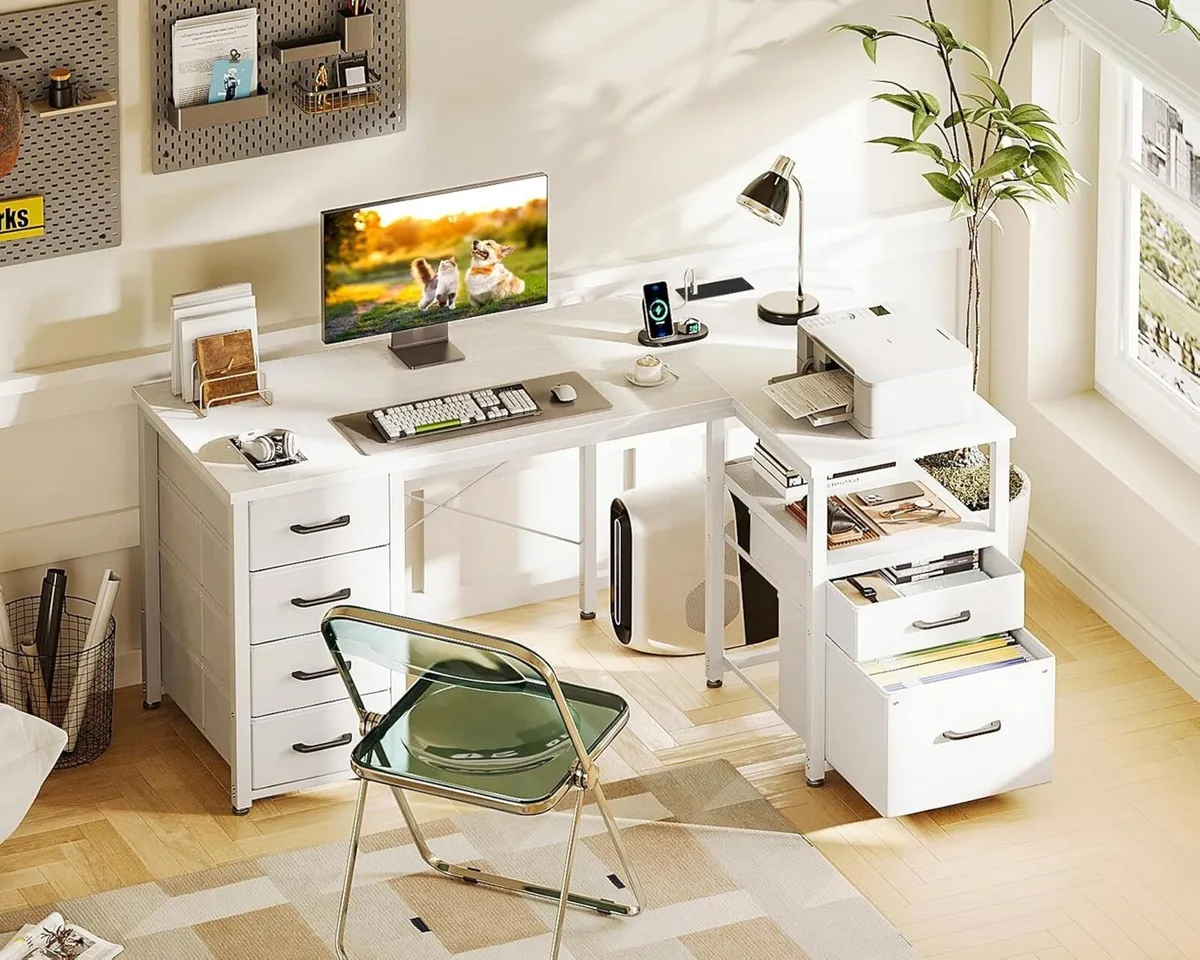 L Shaped Computer Desk with 6 Drawers Power - Image 2