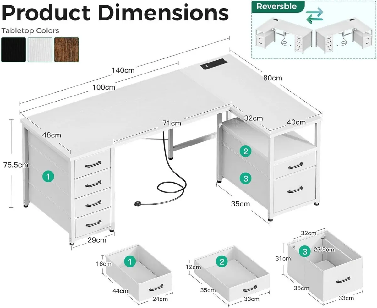 L Shaped Computer Desk with 6 Drawers Power - Image 3