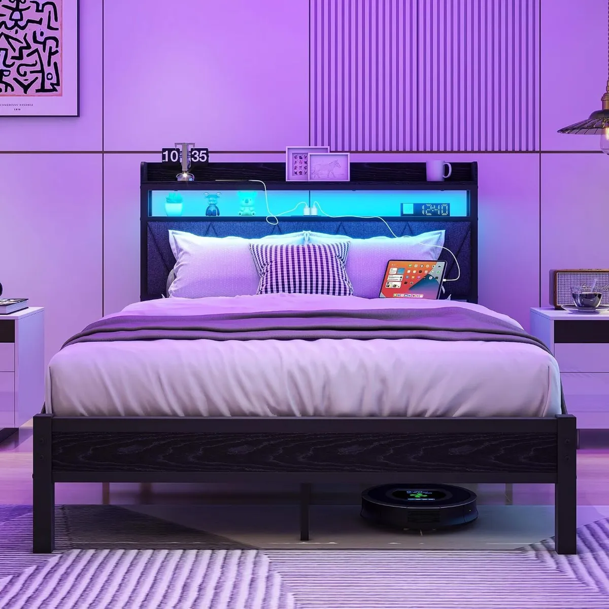 Bed Frame with LED Lights Storage Upholstered - Image 1