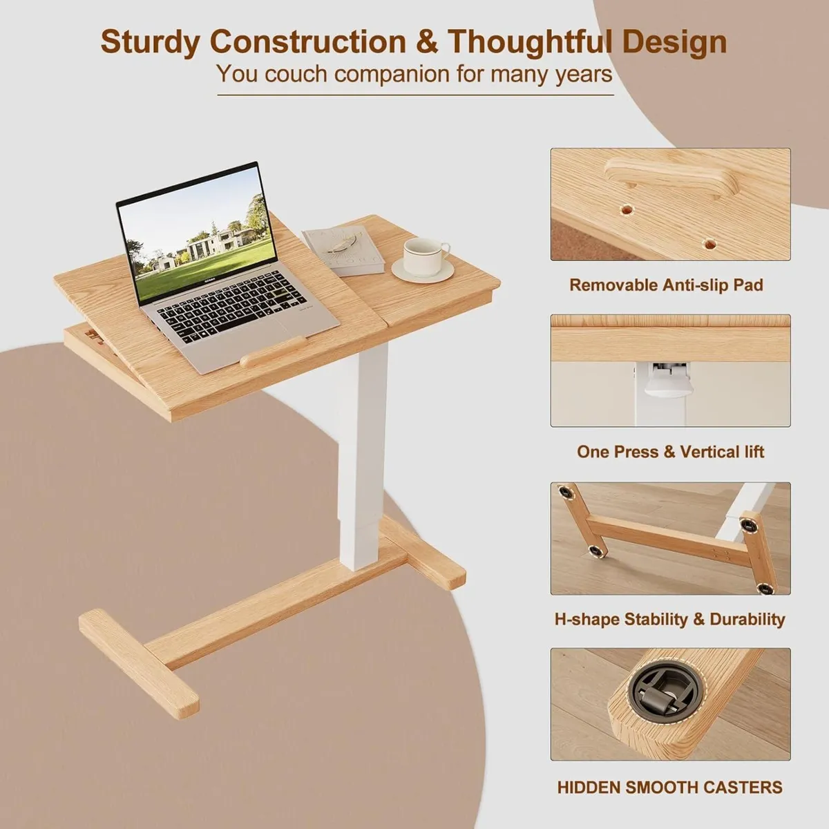 Adjustable Overbed Table with Wheels Solid Wood - Image 3