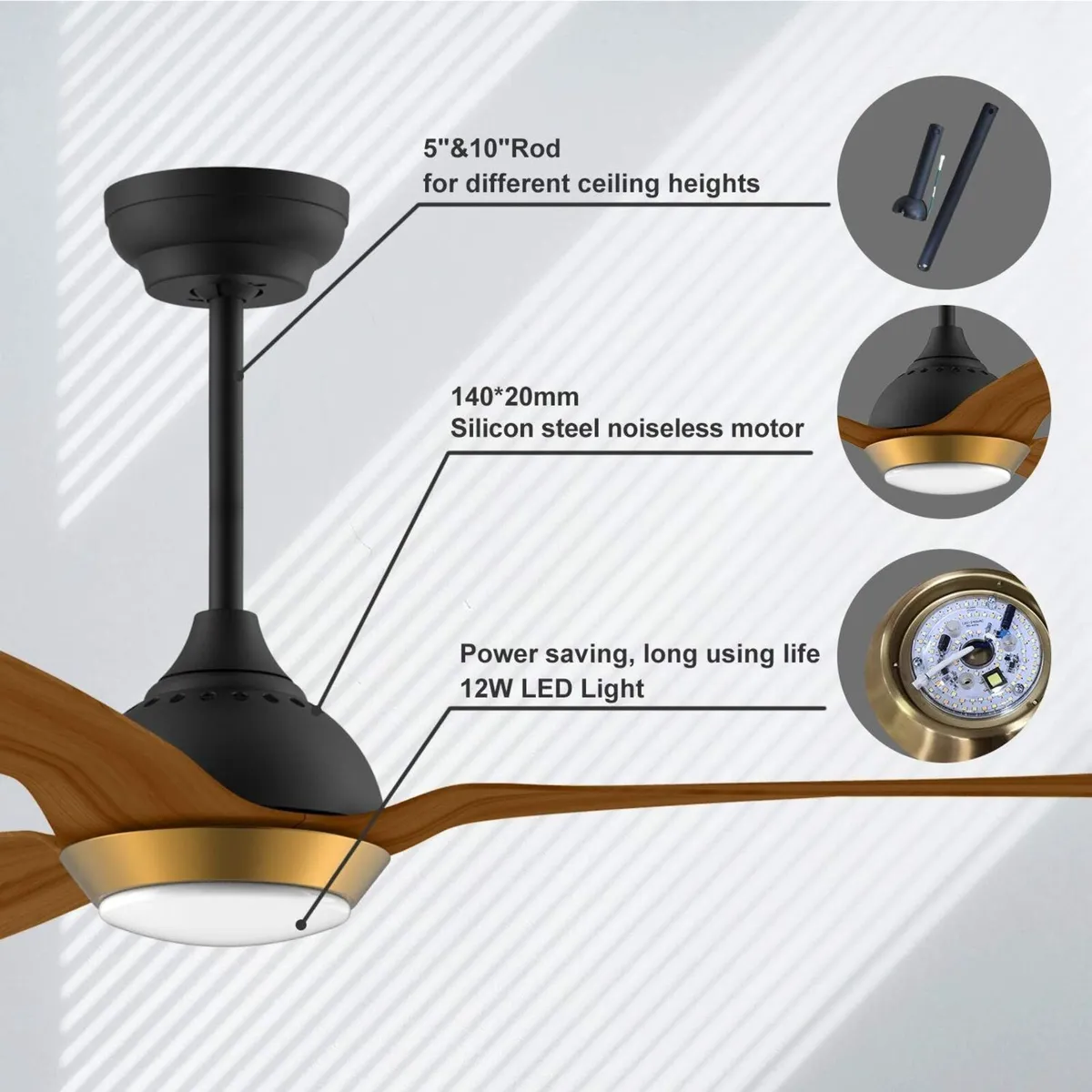 132CM Oak Grain Ceiling Fan with Light Smart - Image 3
