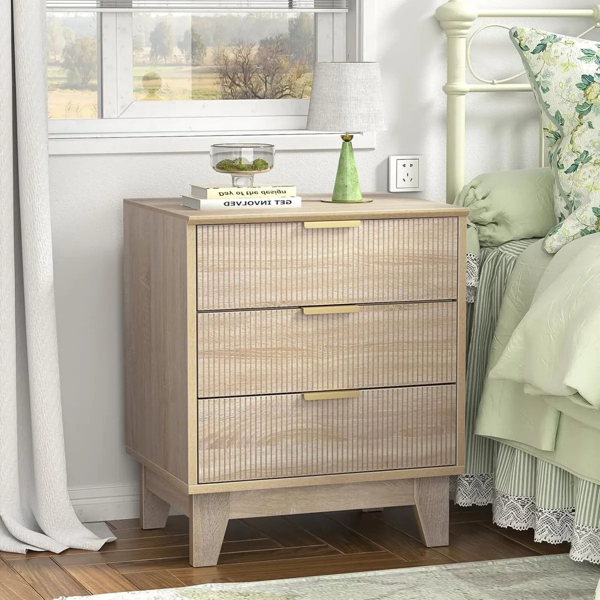 Bedside Table with 3 Drawers Wood Nigntstand - Image 1