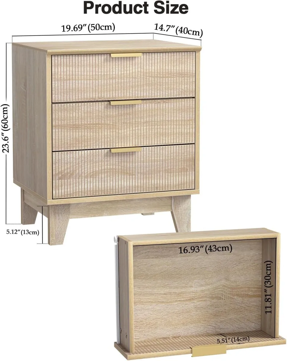 Bedside Table with 3 Drawers Wood Nigntstand - Image 2