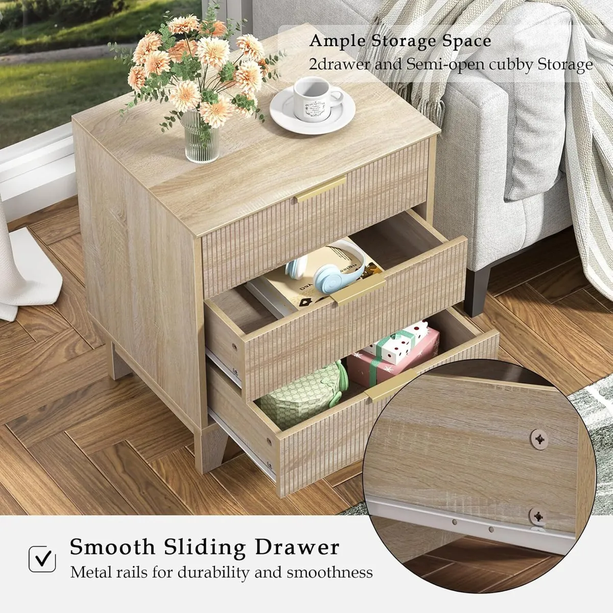 Bedside Table with 3 Drawers Wood Nigntstand - Image 3