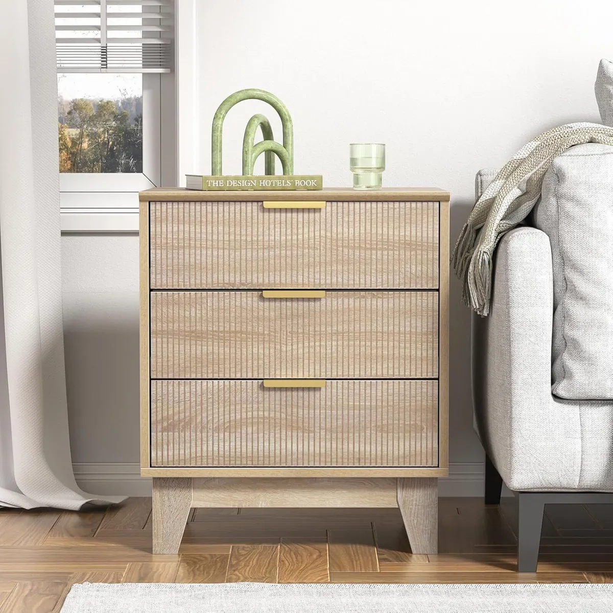 Bedside Table with 3 Drawers Wood Nigntstand - Image 4