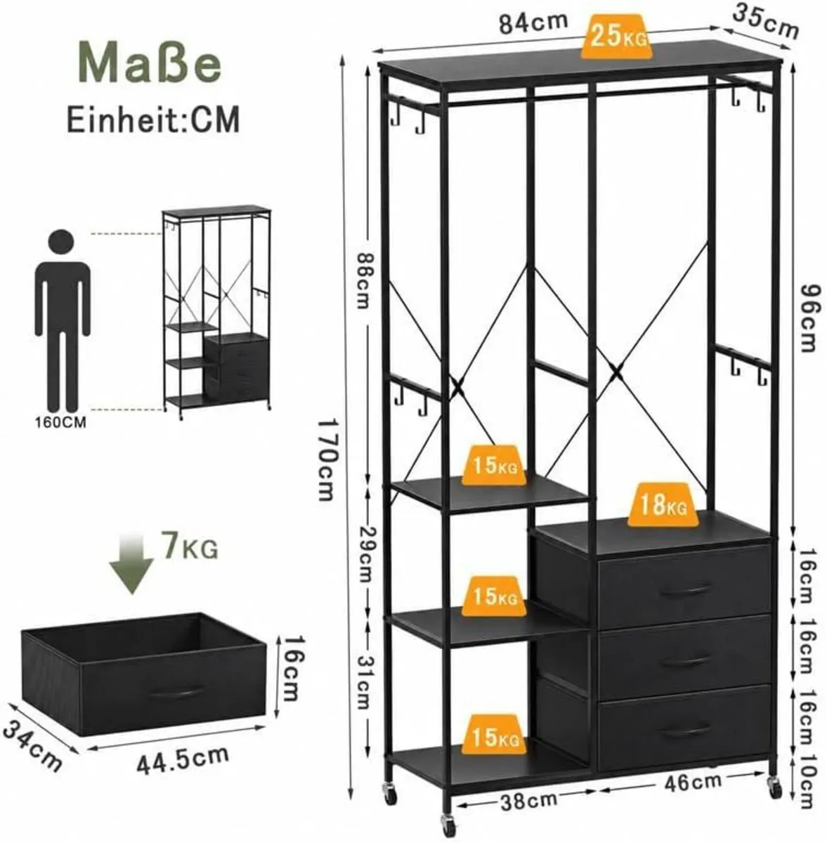 Heavy Duty Clothing Rail Wardrobe with 3 Drawers - Image 3