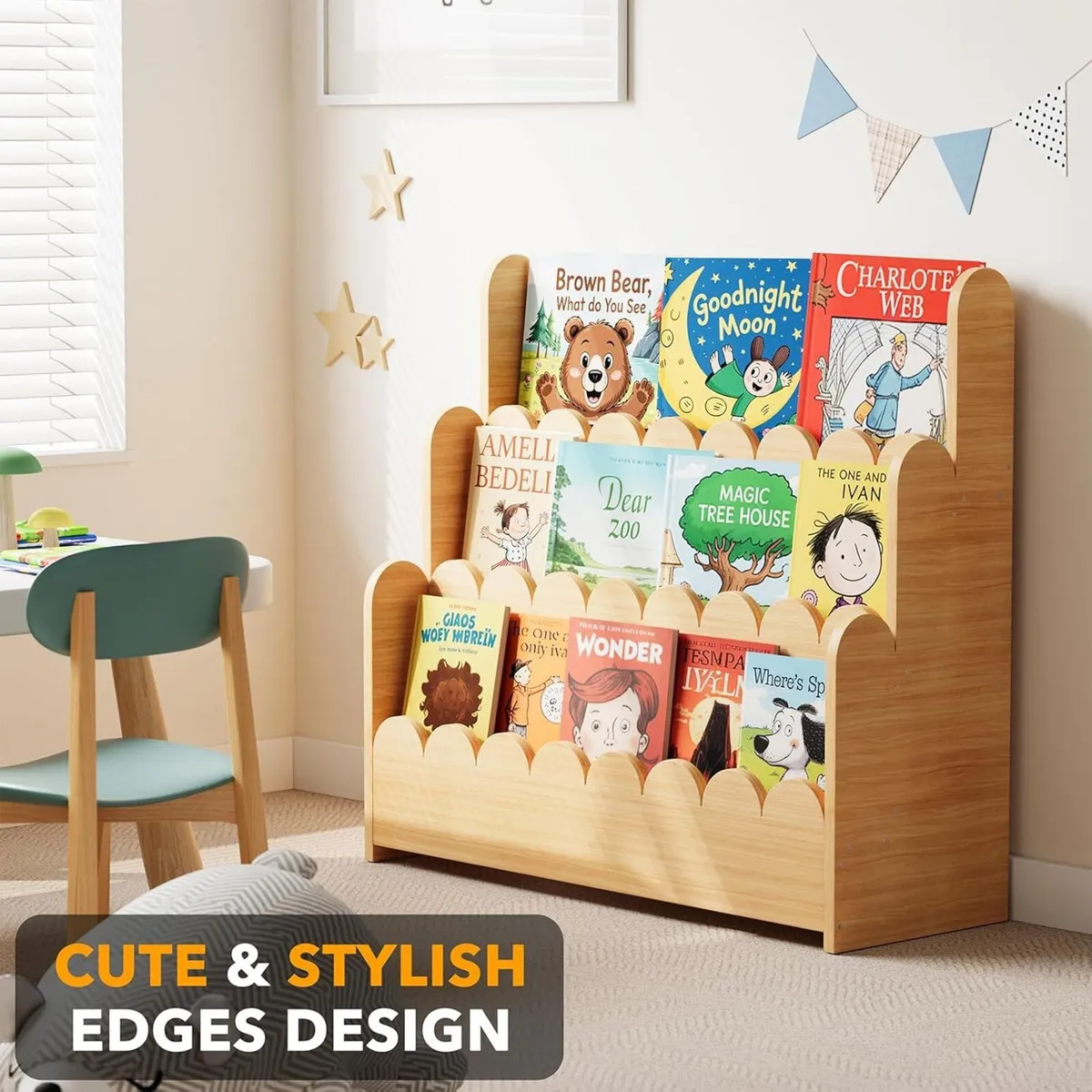 3-Tier Scalloped Bookshelf Montessori Bookcase - Image 4