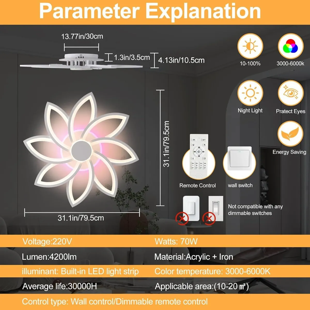 LED Ceiling Light 70W Dimmable 8-Petal Lamp - Image 2