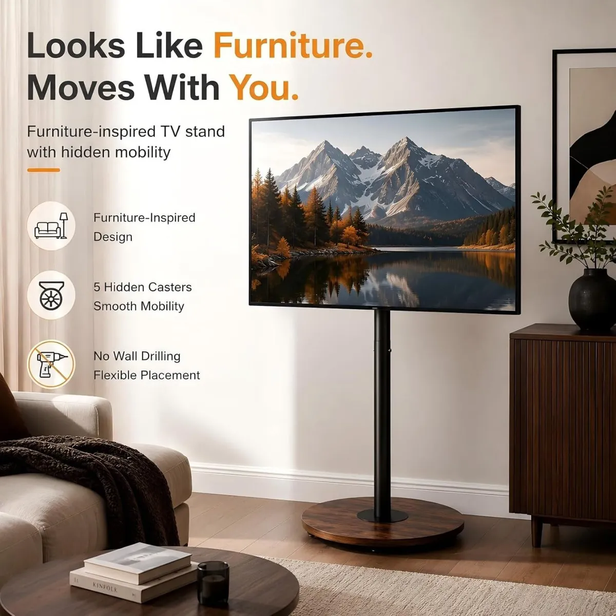 Floor TV Stand with Hidden Wheels 40–75 Inch - Image 2