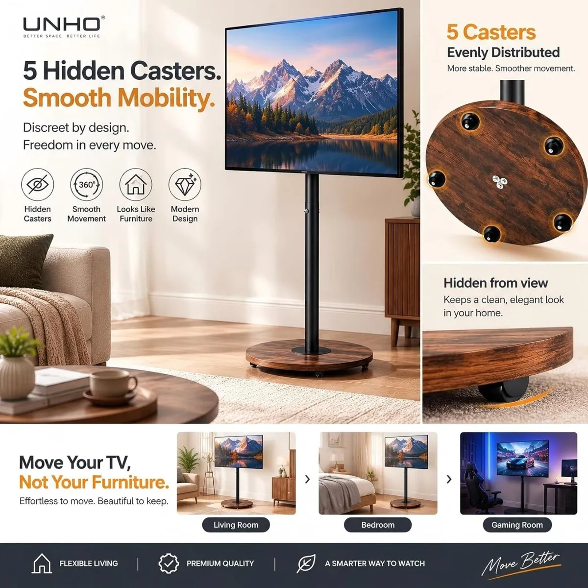 Floor TV Stand with Hidden Wheels 40–75 Inch - Image 3