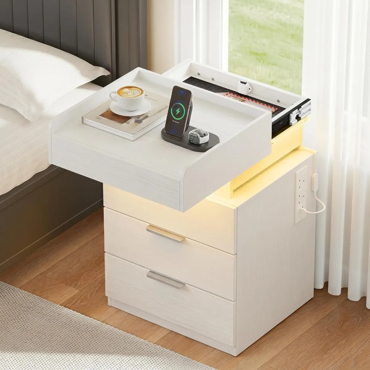 Bedside Table with LED Charging Station and Hidden - Image 1