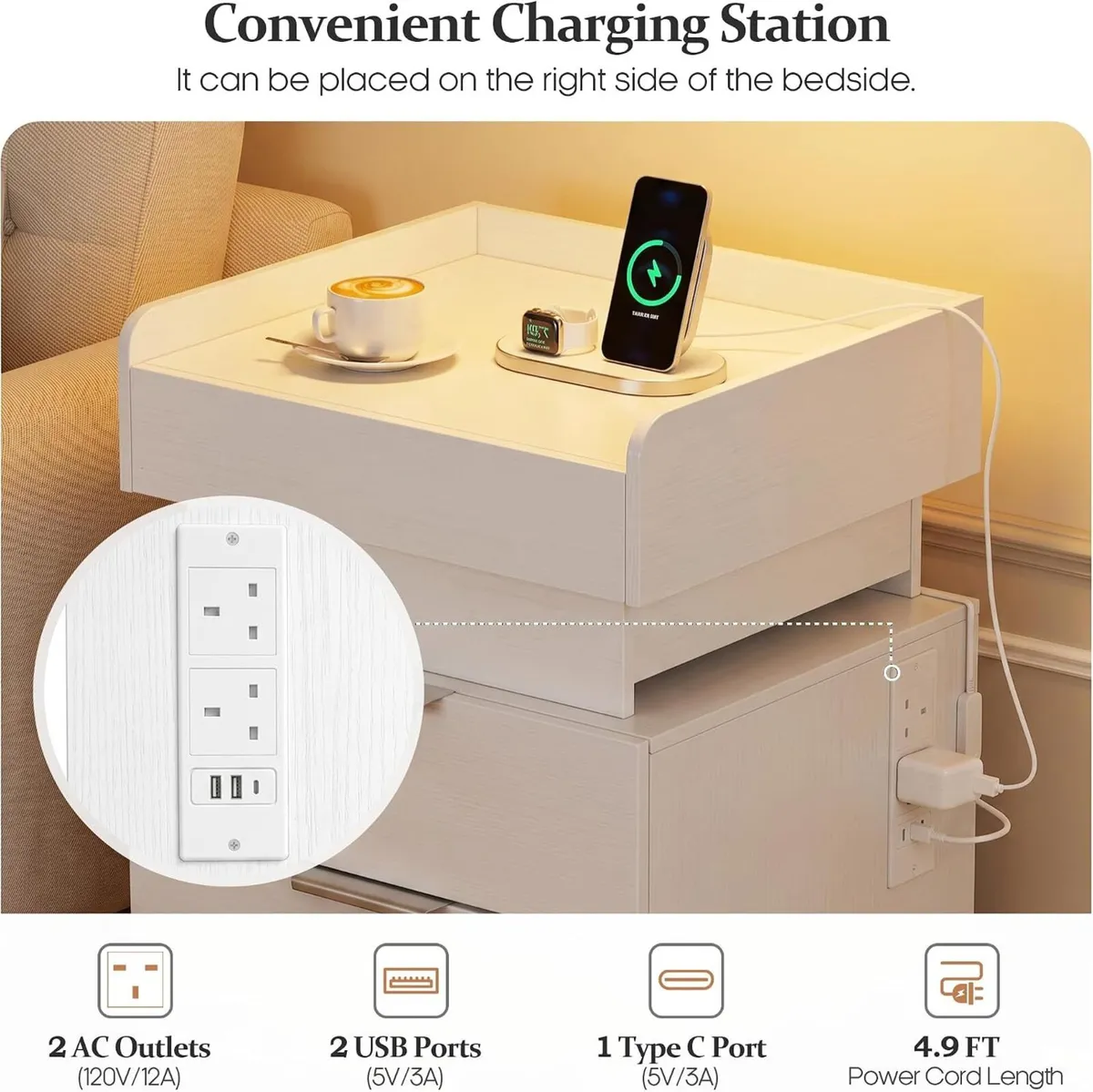 Bedside Table with LED Charging Station and Hidden - Image 3