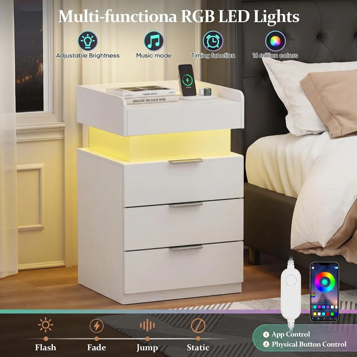 Bedside Table with LED Charging Station and Hidden - Image 4
