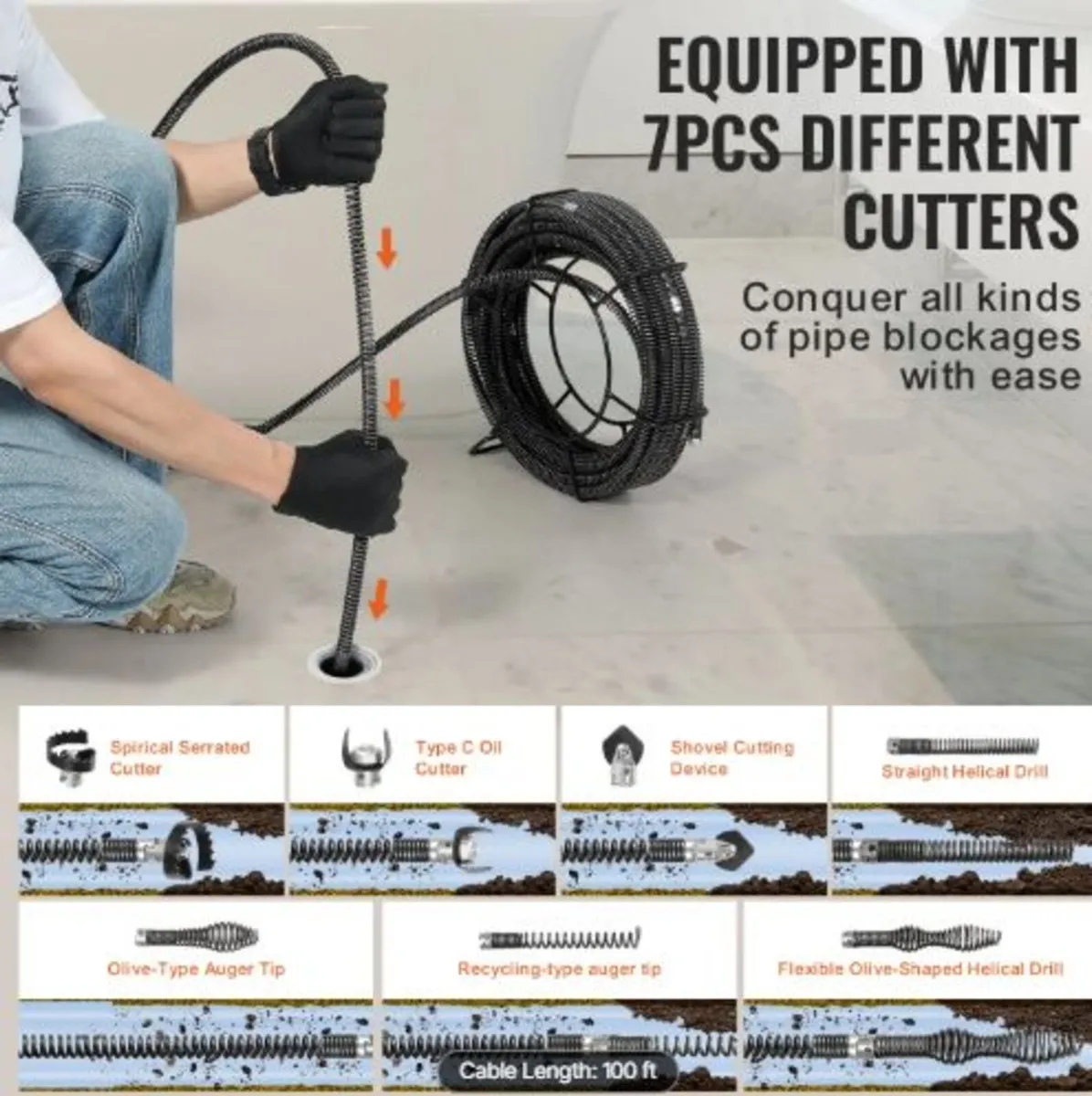 Sectional Drain Cleaning Cable 100FT/30.5 m x 5/8 - Image 2