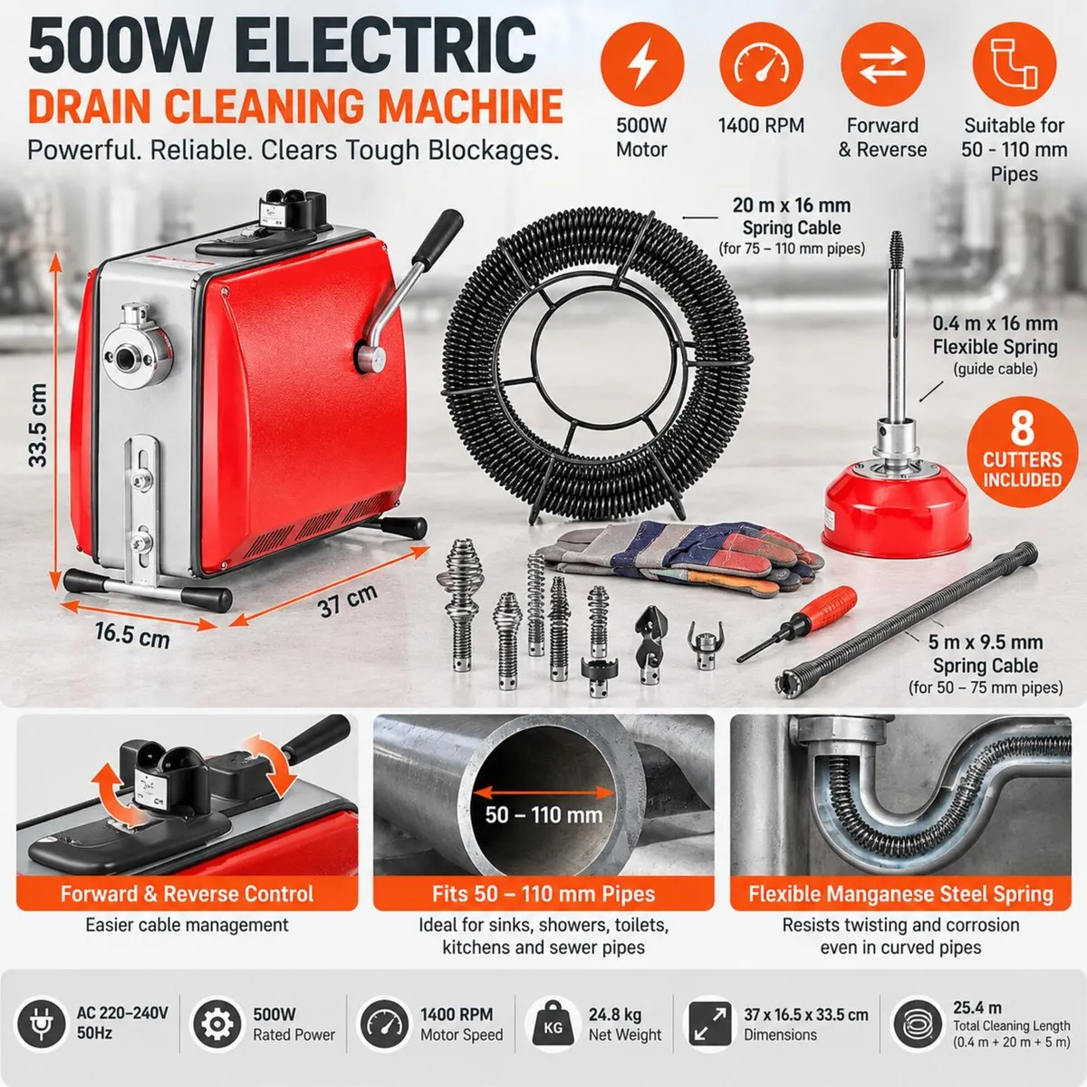 500W Electric Drain Cleaning Machine – 25.4m Sewer - Image 2