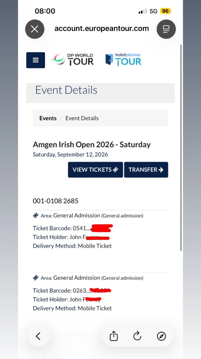 2x Irish open Saturday Tickets.