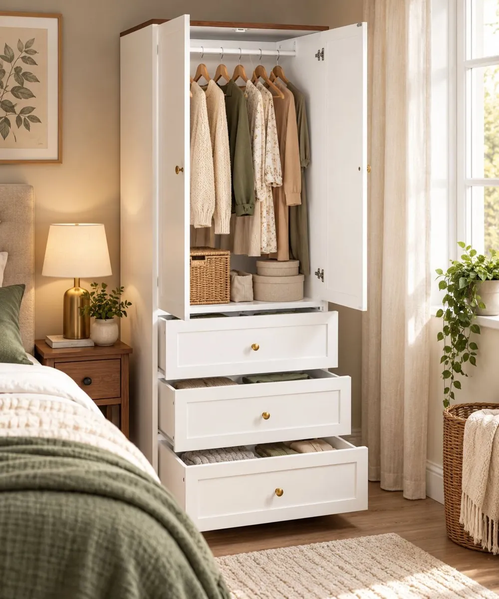 70cm White Wardrobe with 3 Drawers, Clothes Rail & - Image 2