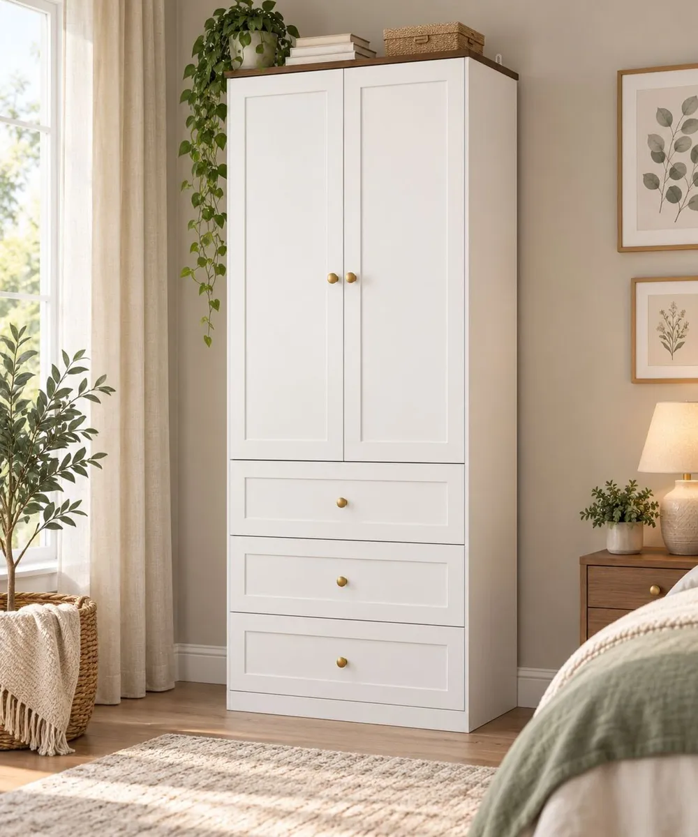 70cm White Wardrobe with 3 Drawers, Clothes Rail & - Image 1