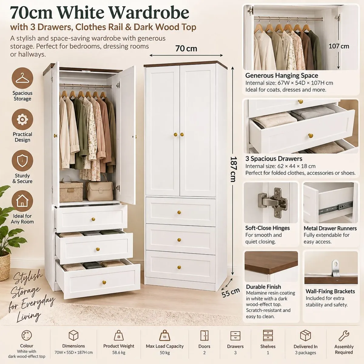 70cm White Wardrobe with 3 Drawers, Clothes Rail & - Image 3