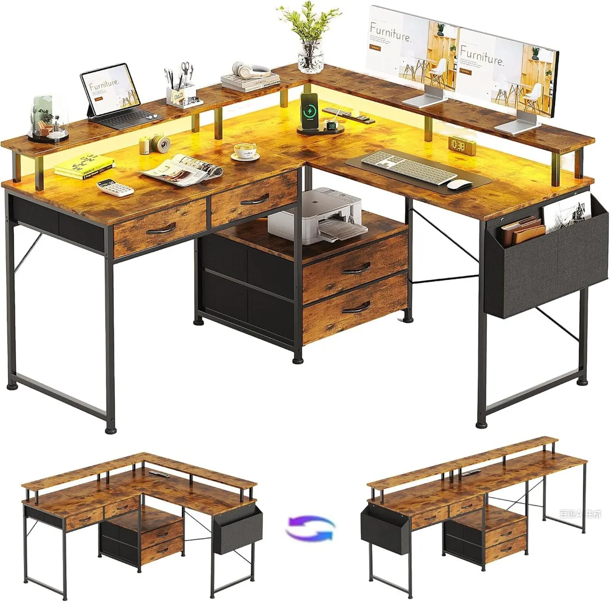 130x120CM L Shaped Desk with Power Outlet LED - Image 1
