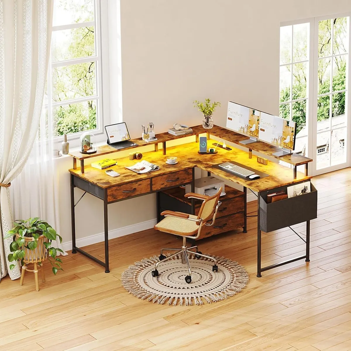 130x120CM L Shaped Desk with Power Outlet LED - Image 2