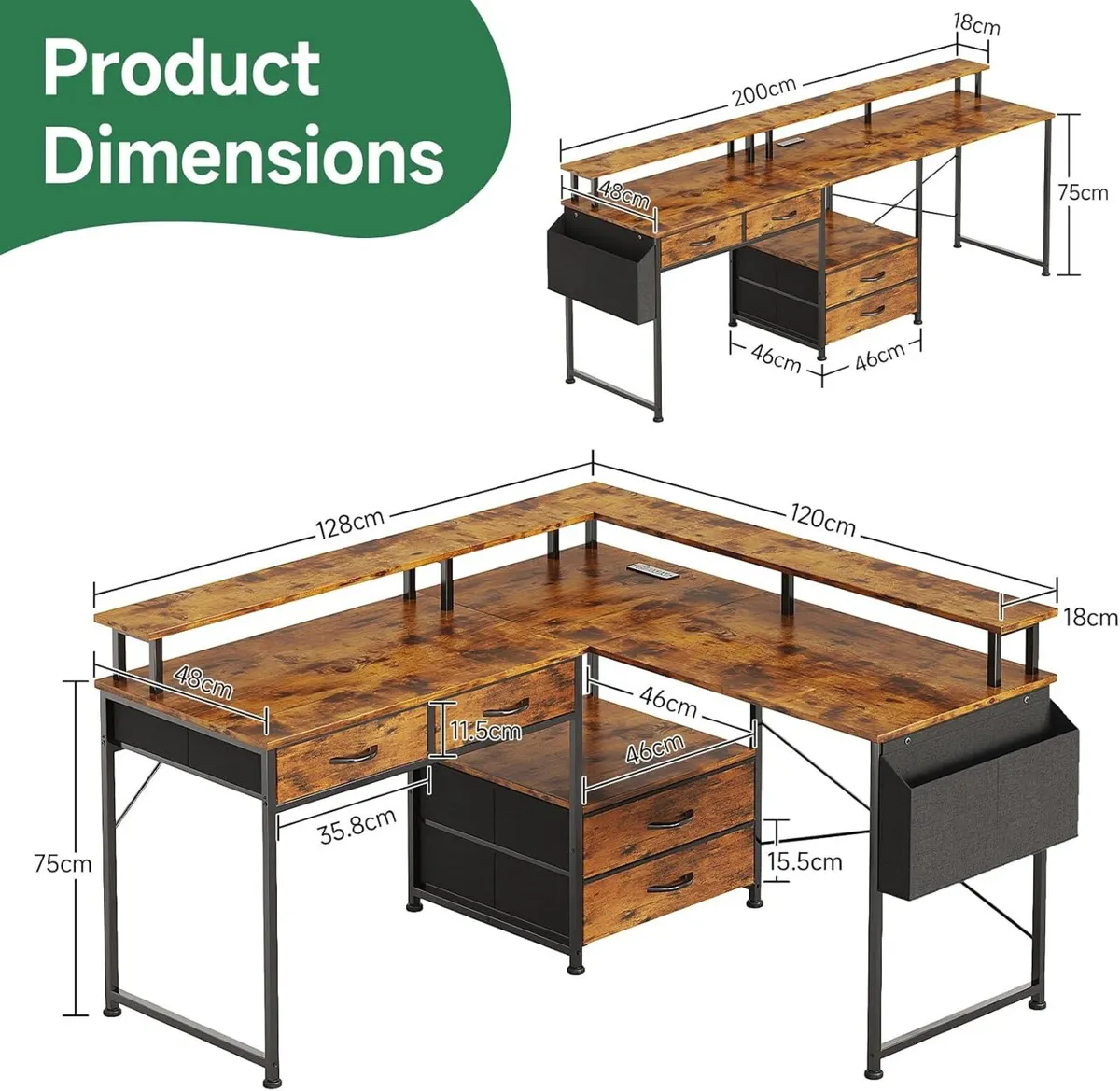 130x120CM L Shaped Desk with Power Outlet LED - Image 3