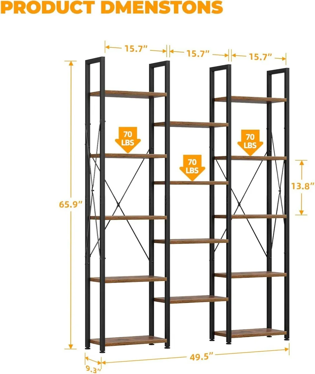 5-Tier Triple Bookshelf Bookcase with 14 Open - Image 3