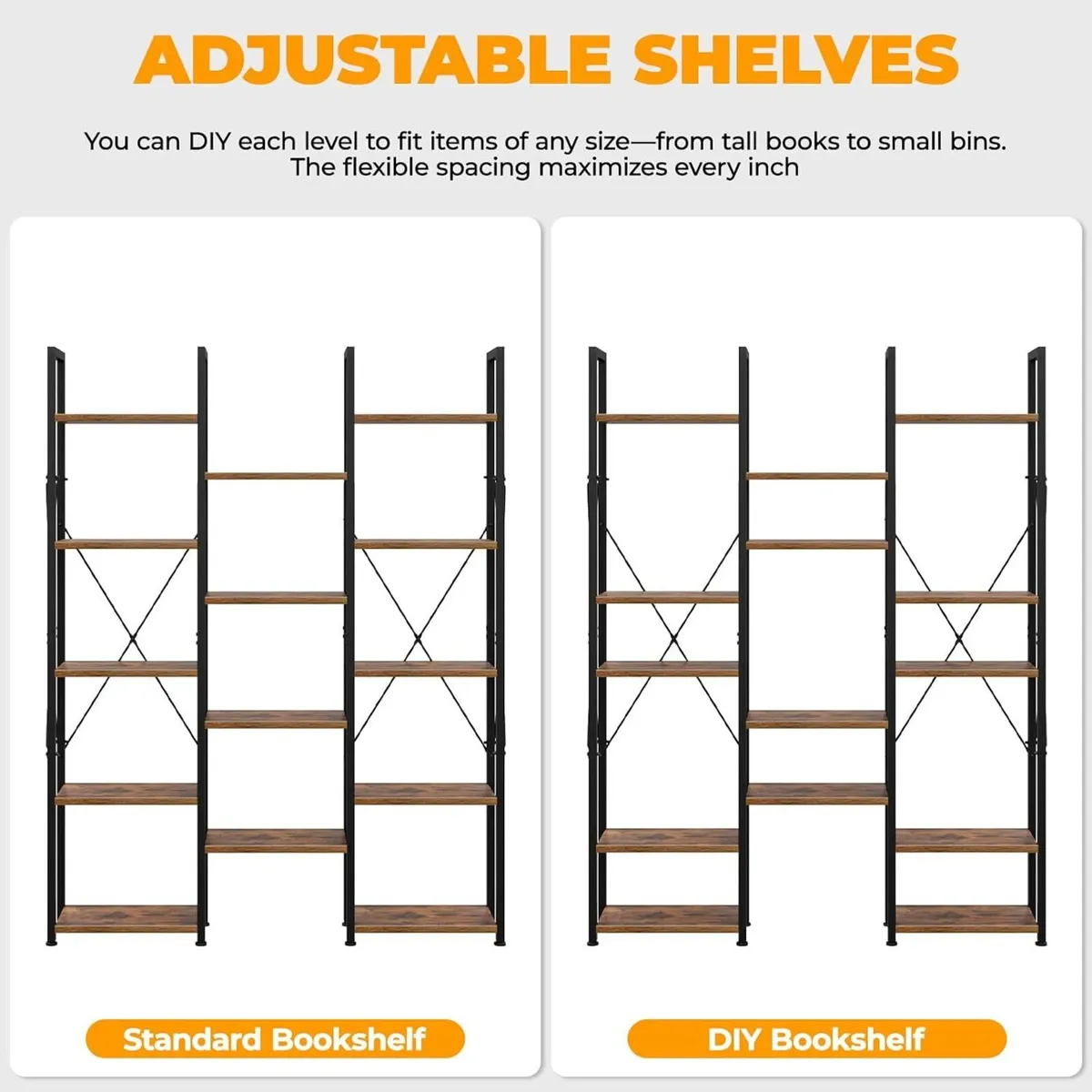 5-Tier Triple Bookshelf Bookcase with 14 Open - Image 4