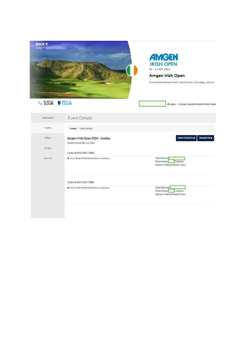 2 x Irish Open Tickets - Sunday 13th -1 ad & 1 juv