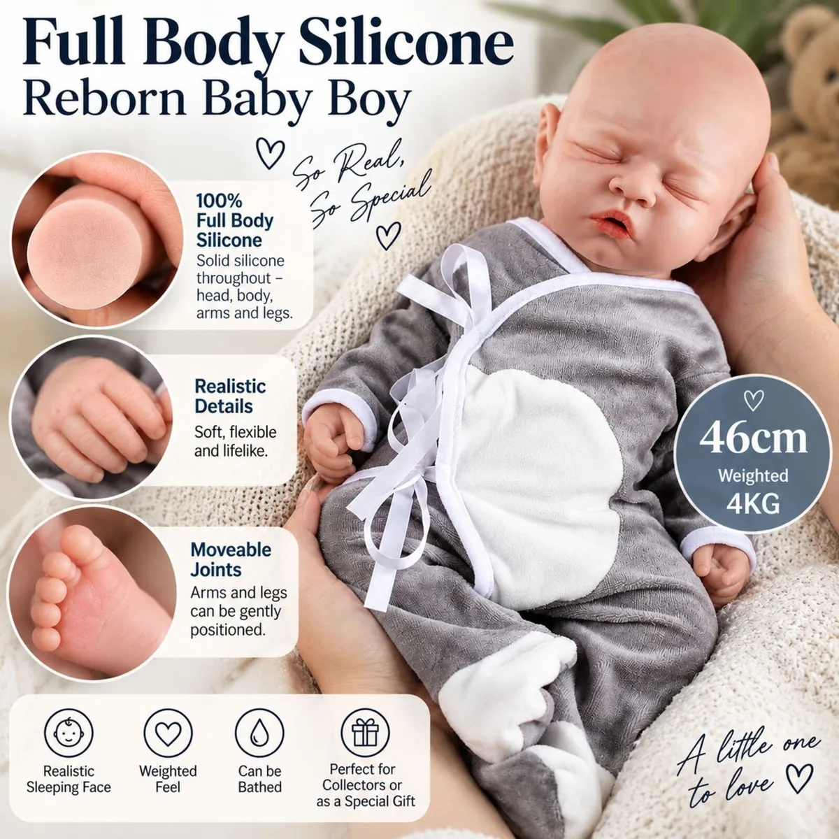 Full Body Silicone Reborn Baby Boy Doll 4kg Weight - Image 1
