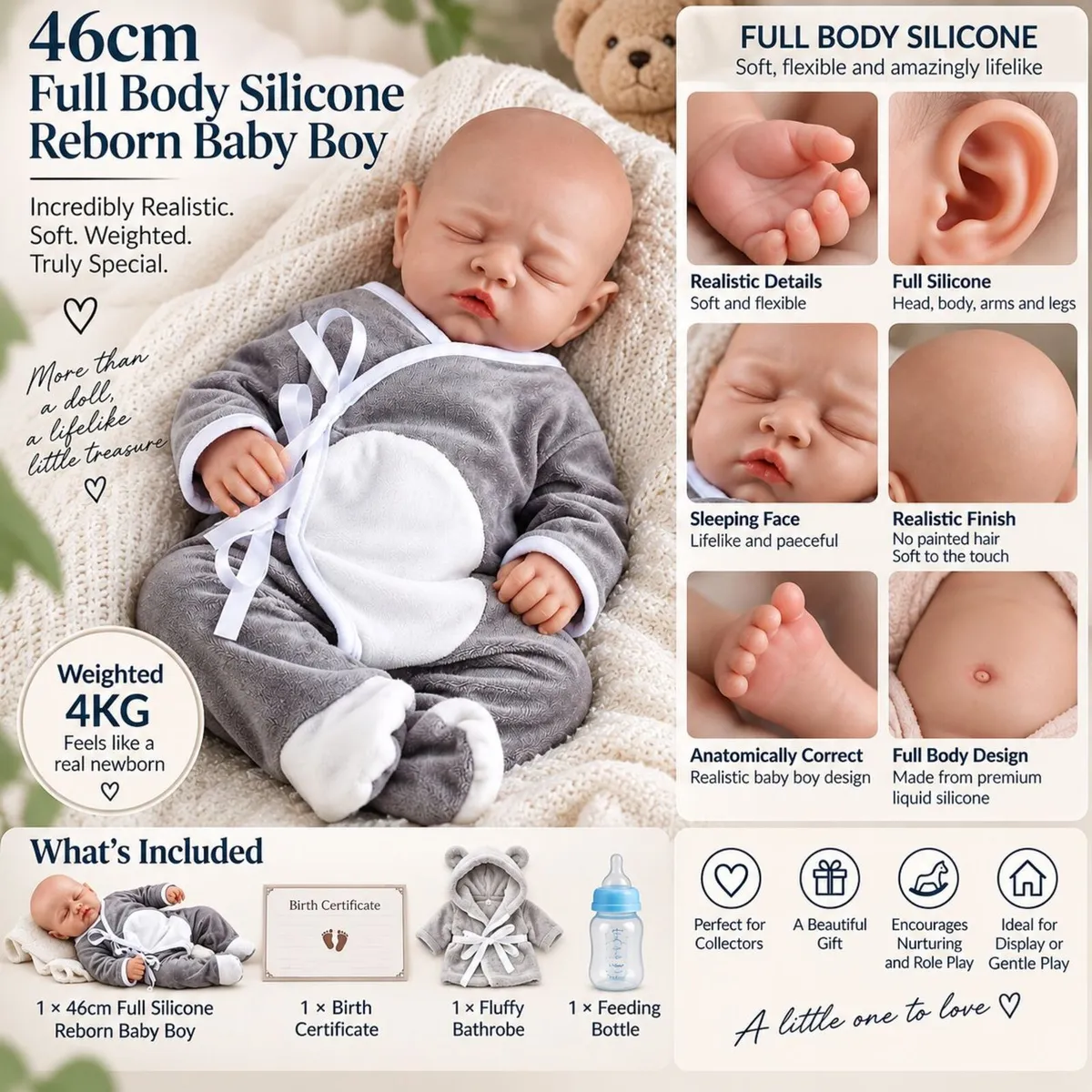 Full Body Silicone Reborn Baby Boy Doll 4kg Weight - Image 3