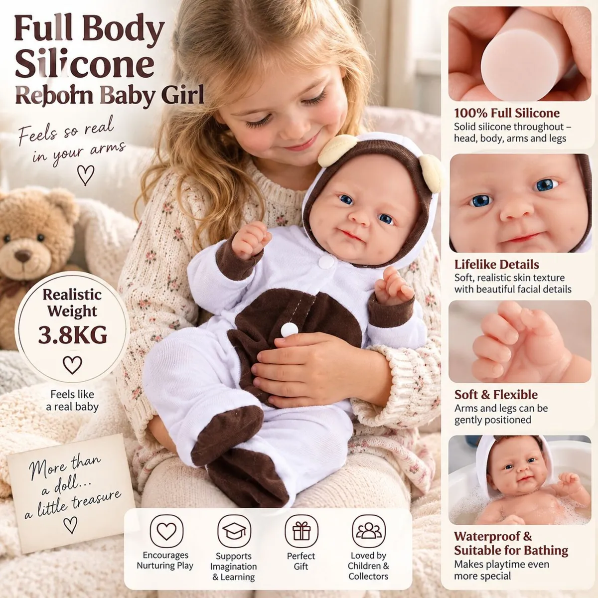 46cm Full Body Silicone Reborn Baby Girl Waterproo - Image 3