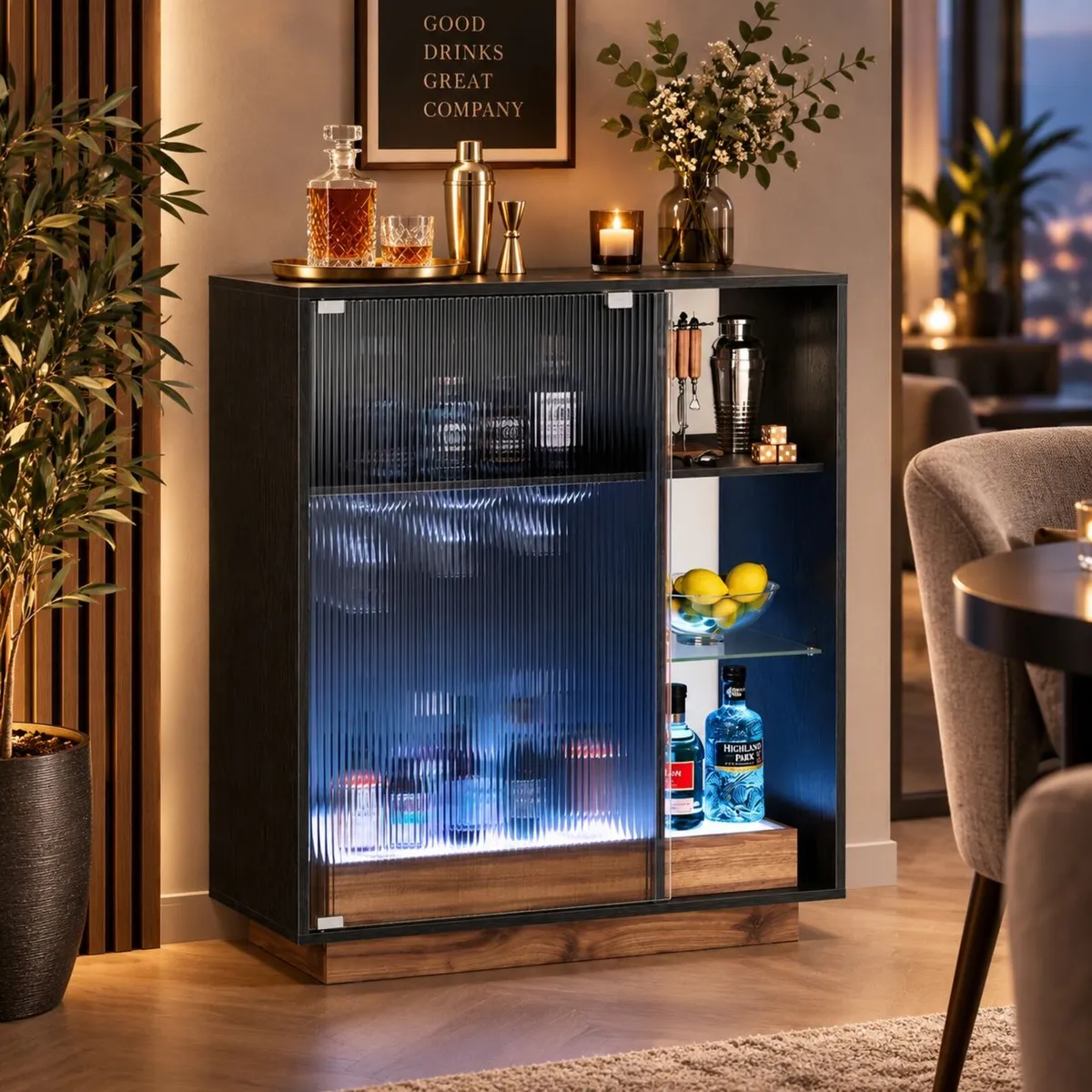 LED Bar Cabinet with Fluted Glass Doors 88cm Dri - Image 1