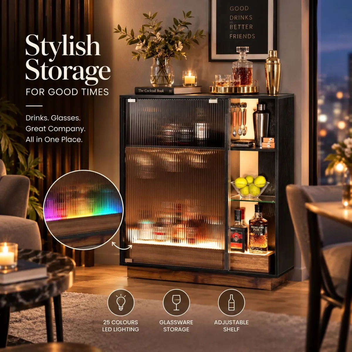 LED Bar Cabinet with Fluted Glass Doors 88cm Dri - Image 4