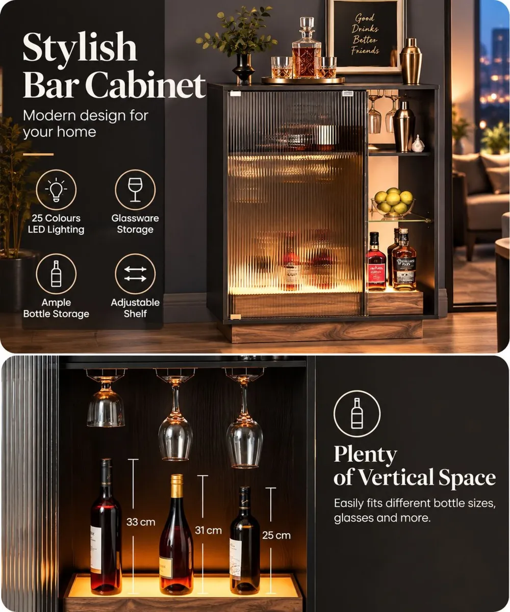 LED Bar Cabinet with Fluted Glass Doors 88cm Dri - Image 2