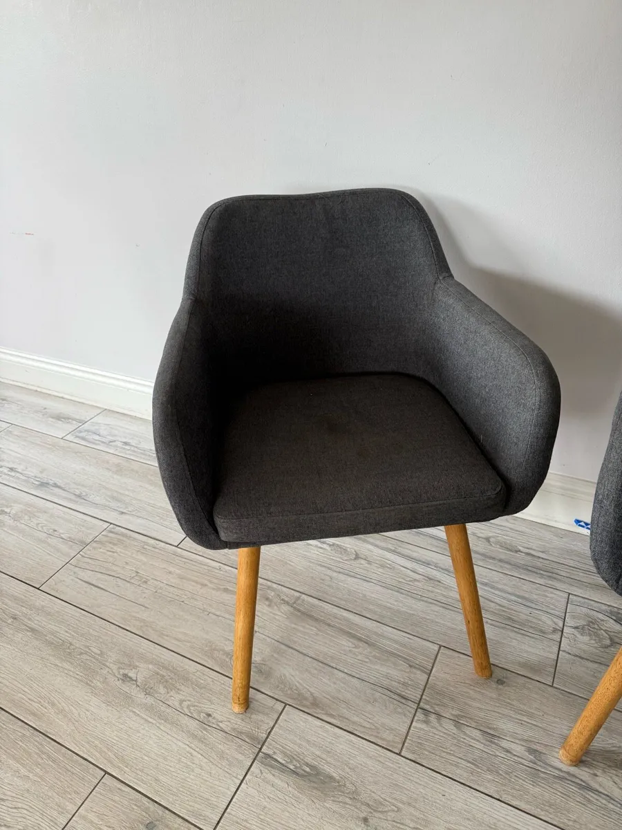 5 Dining Chairs. Grey fabric. Wooden legs. - Image 1